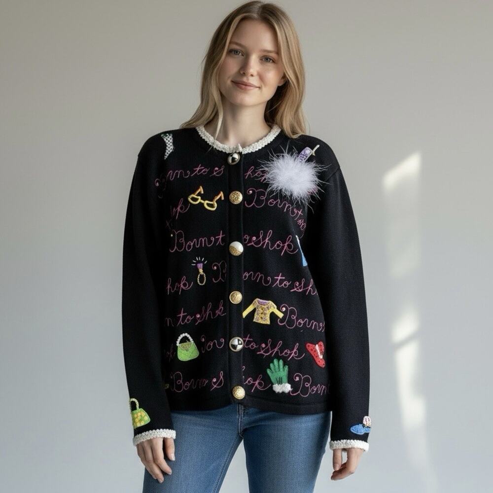 VTG Berek Womens Born To Shop Cardigan Sweater XL Embroidered Embellished Whimsy